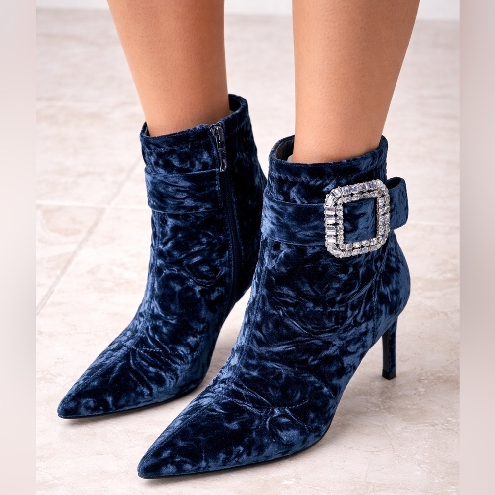 Badgley Mischka Adrian Blue Velvet Block Heel Booties Crystal Buckle
